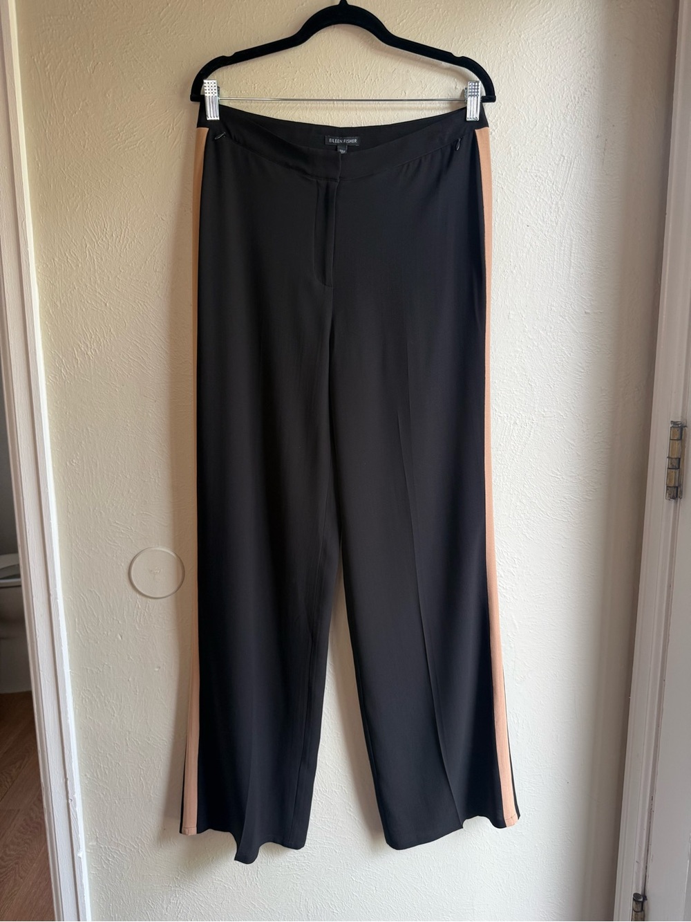 Eileen Fisher Black Silk Georgette Crepe  Straight Racing Stripe Pants